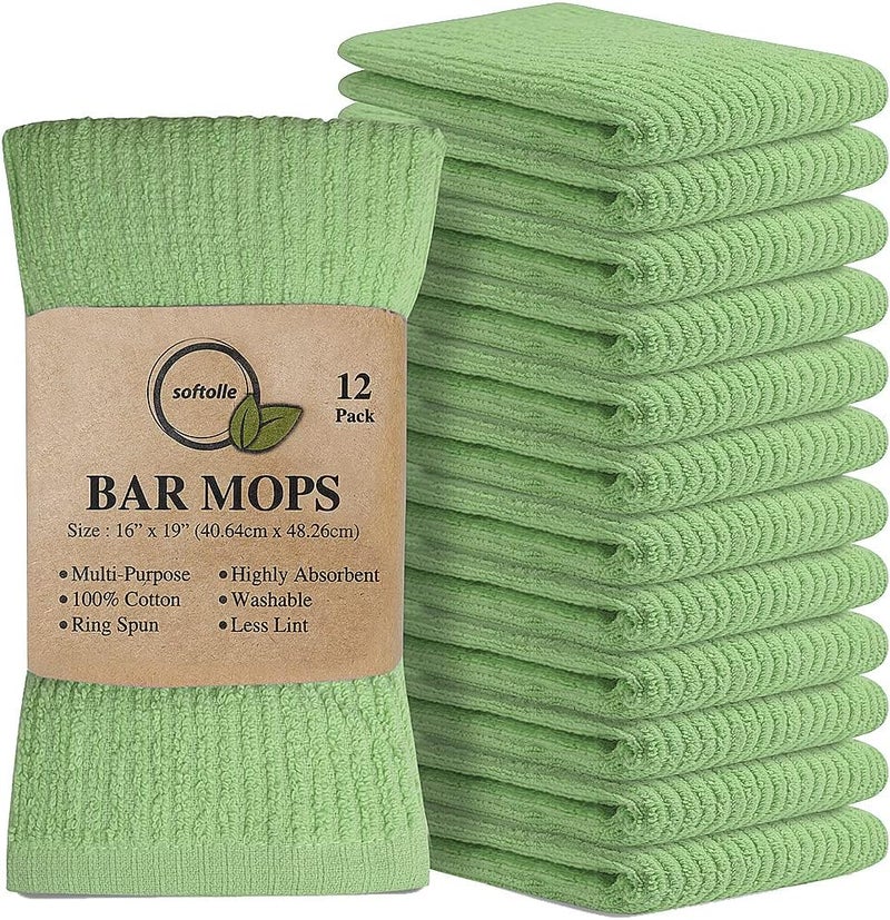Softolle Bar Mop Towels, Pack of 12-16x19 Inches - 100% Cotton Super Absorbent Towels, Multi-Purpose for Home and Bar Cleaning (Light Green) - Image 1